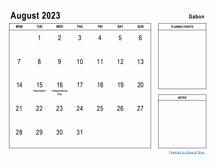 August 2023 Printable Monthly Calendar with Gabon Holidays