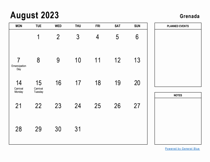 August 2023 Printable Monthly Calendar with Grenada Holidays