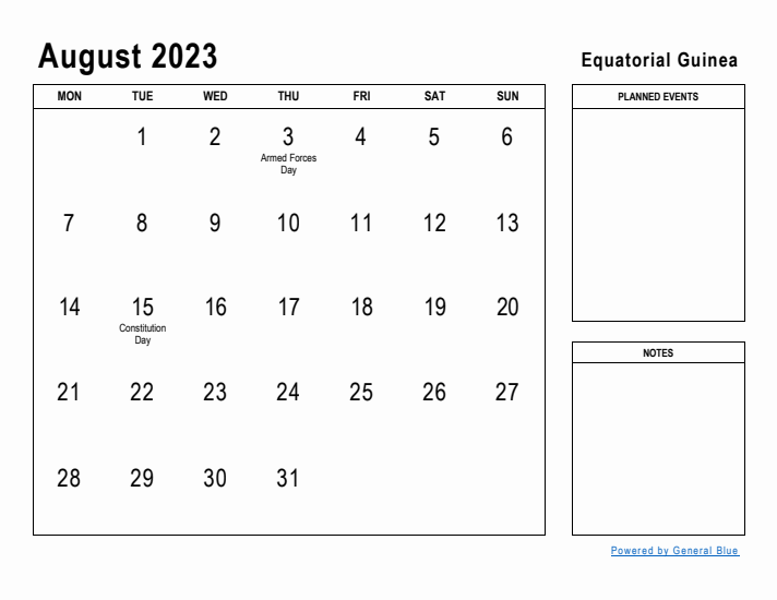 August 2023 Printable Monthly Calendar with Equatorial Guinea Holidays