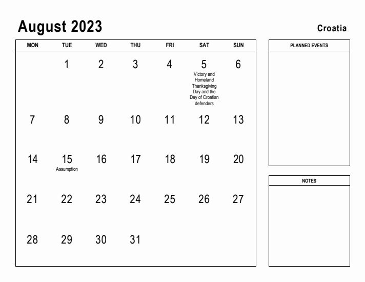 August 2023 Printable Monthly Calendar with Croatia Holidays