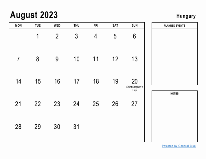 August 2023 Printable Monthly Calendar with Hungary Holidays