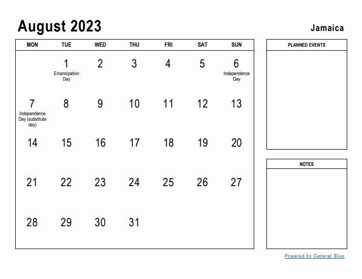 August 2023 Printable Monthly Calendar with Jamaica Holidays