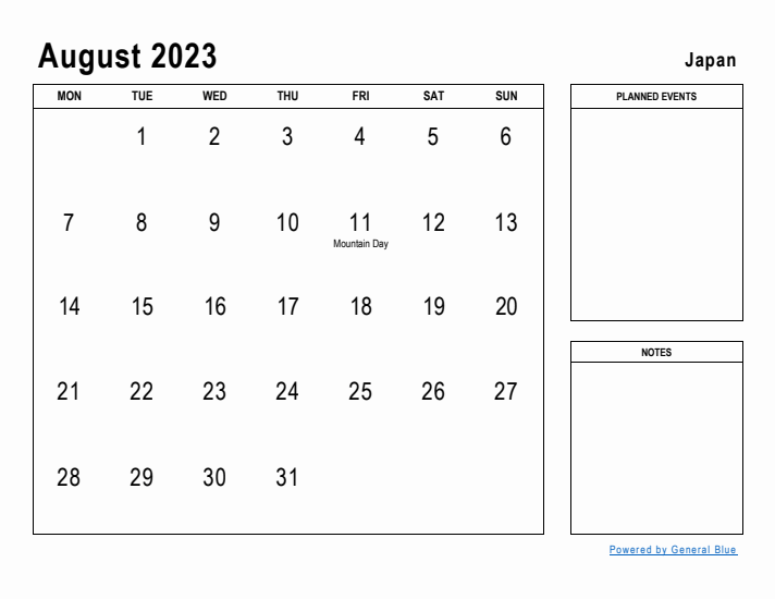 August 2023 Printable Monthly Calendar with Japan Holidays