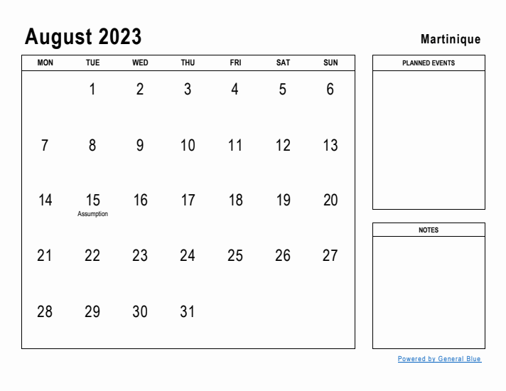 August 2023 Printable Monthly Calendar with Martinique Holidays