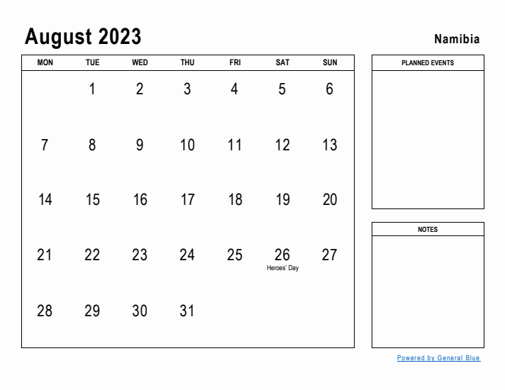 August 2023 Printable Monthly Calendar with Namibia Holidays