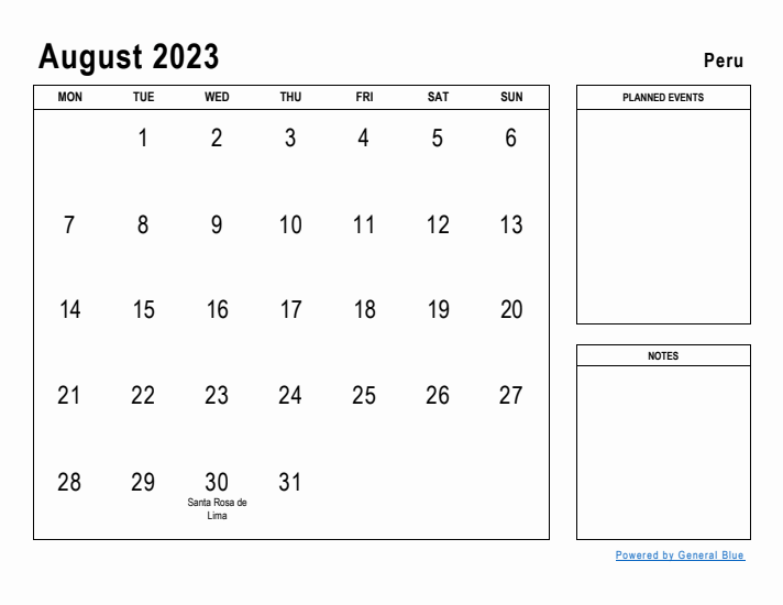 August 2023 Printable Monthly Calendar with Peru Holidays