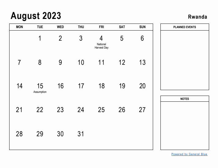 August 2023 Printable Monthly Calendar with Rwanda Holidays