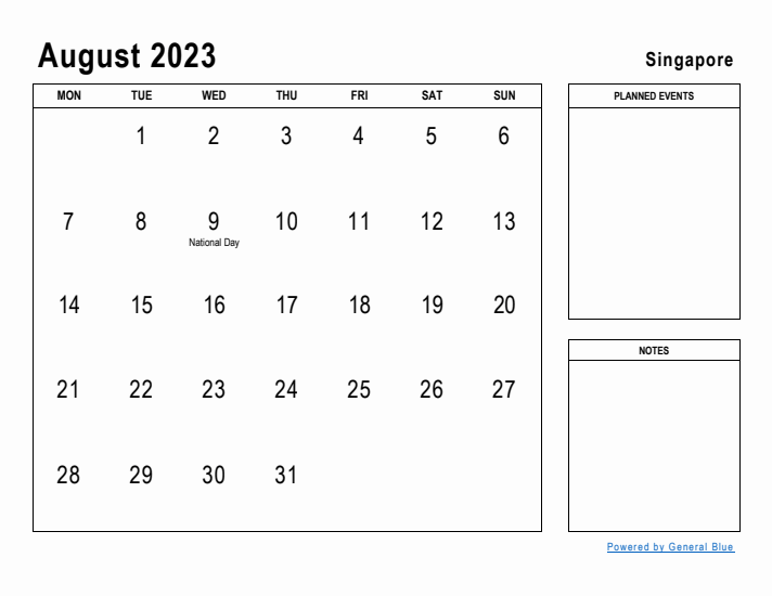 August 2023 Printable Monthly Calendar with Singapore Holidays