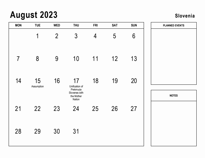 August 2023 Printable Monthly Calendar with Slovenia Holidays