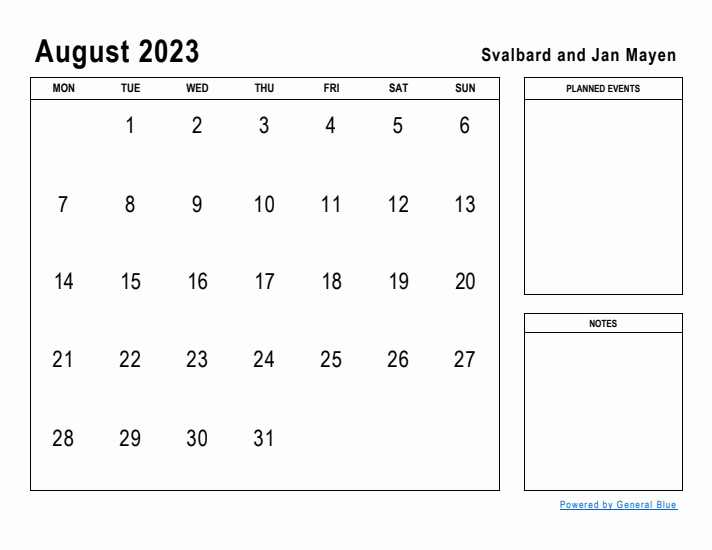 August 2023 Printable Monthly Calendar with Svalbard and Jan Mayen Holidays