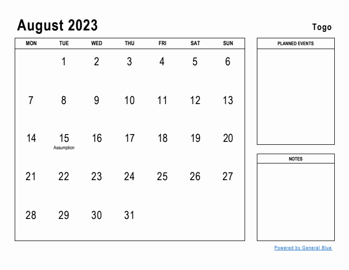 August 2023 Printable Monthly Calendar with Togo Holidays