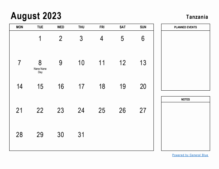 August 2023 Printable Monthly Calendar with Tanzania Holidays