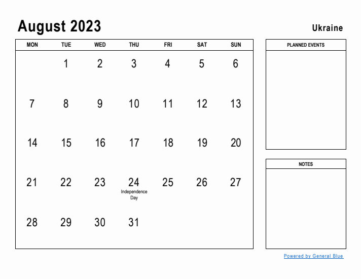 August 2023 Printable Monthly Calendar with Ukraine Holidays