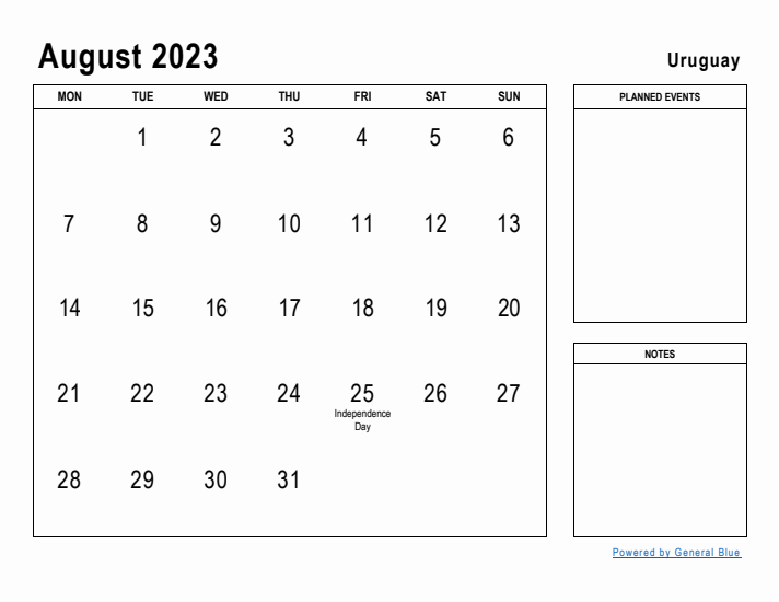 August 2023 Printable Monthly Calendar with Uruguay Holidays