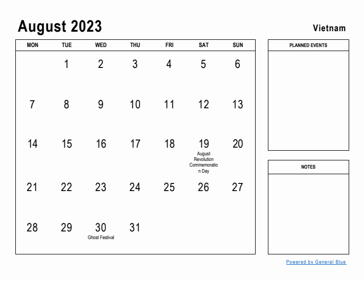 August 2023 Printable Monthly Calendar with Vietnam Holidays