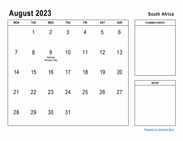 August 2023 Printable Monthly Calendar with South Africa Holidays