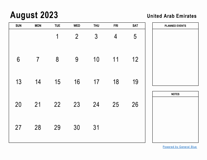 August 2023 Printable Monthly Calendar with United Arab Emirates Holidays