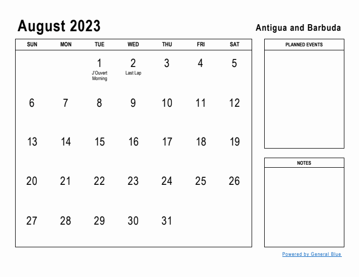 August 2023 Printable Monthly Calendar with Antigua and Barbuda Holidays