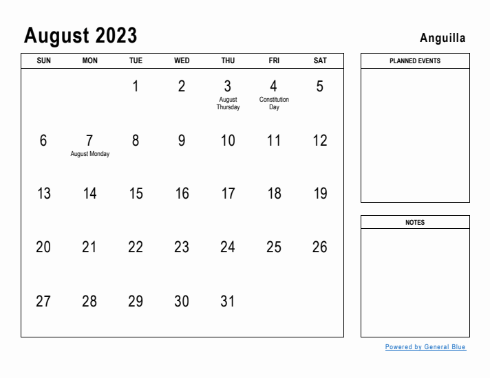 August 2023 Printable Monthly Calendar with Anguilla Holidays