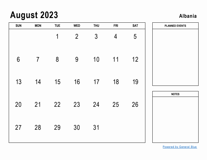 August 2023 Printable Monthly Calendar with Albania Holidays