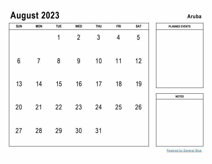 August 2023 Printable Monthly Calendar with Aruba Holidays