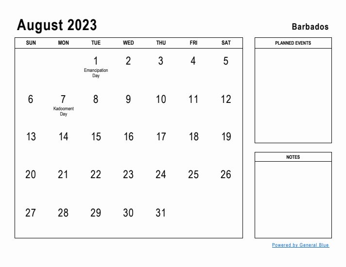 August 2023 Printable Monthly Calendar with Barbados Holidays