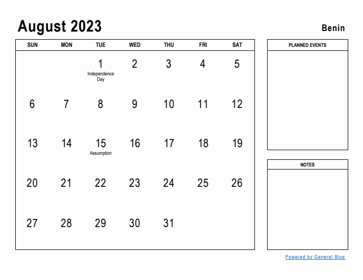 August 2023 Printable Monthly Calendar with Benin Holidays