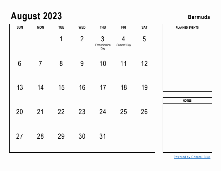 August 2023 Printable Monthly Calendar with Bermuda Holidays