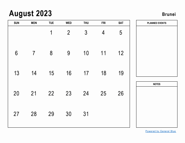 August 2023 Printable Monthly Calendar with Brunei Holidays