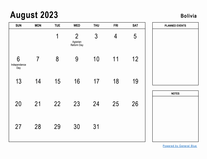 August 2023 Printable Monthly Calendar with Bolivia Holidays