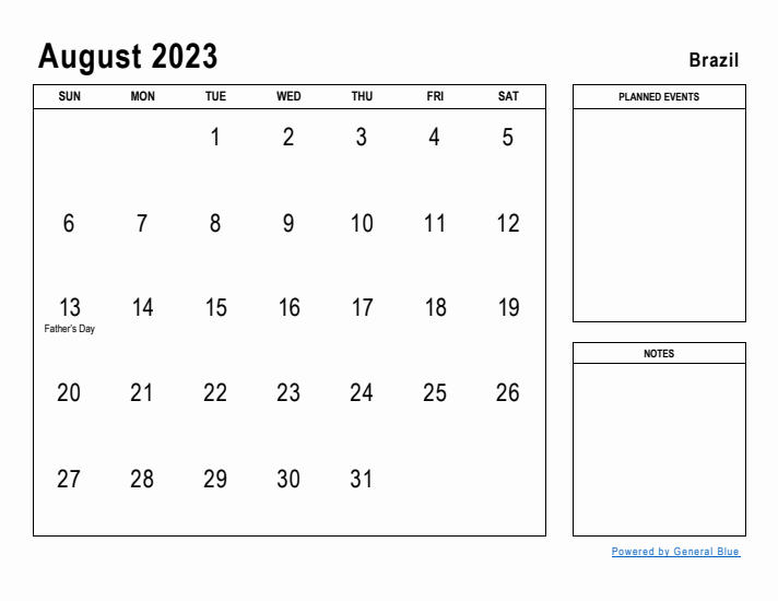 August 2023 Printable Monthly Calendar with Brazil Holidays