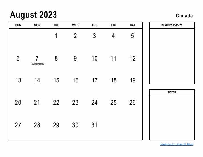 August 2023 Printable Monthly Calendar with Canada Holidays