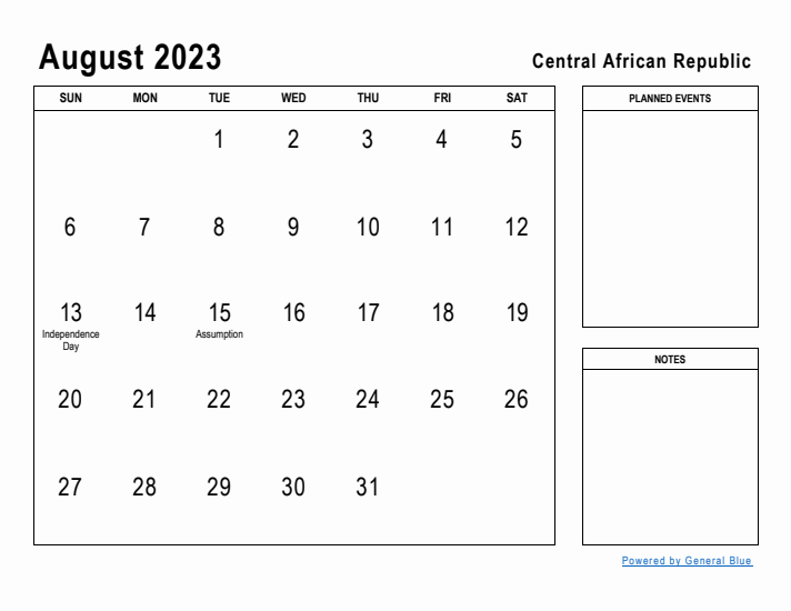 August 2023 Printable Monthly Calendar with Central African Republic Holidays