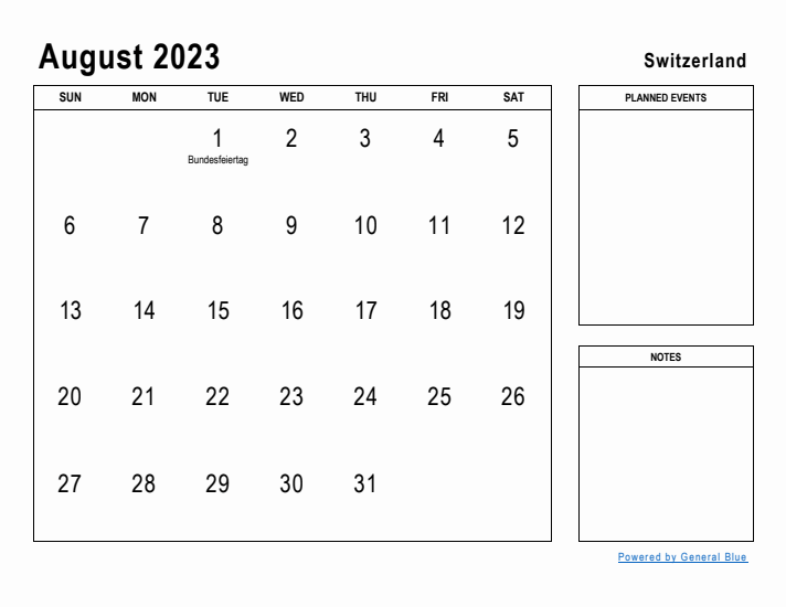 August 2023 Printable Monthly Calendar with Switzerland Holidays