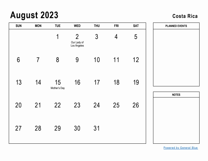 August 2023 Printable Monthly Calendar with Costa Rica Holidays