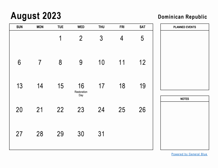 August 2023 Printable Monthly Calendar with Dominican Republic Holidays