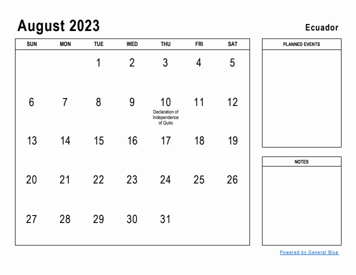 August 2023 Printable Monthly Calendar with Ecuador Holidays