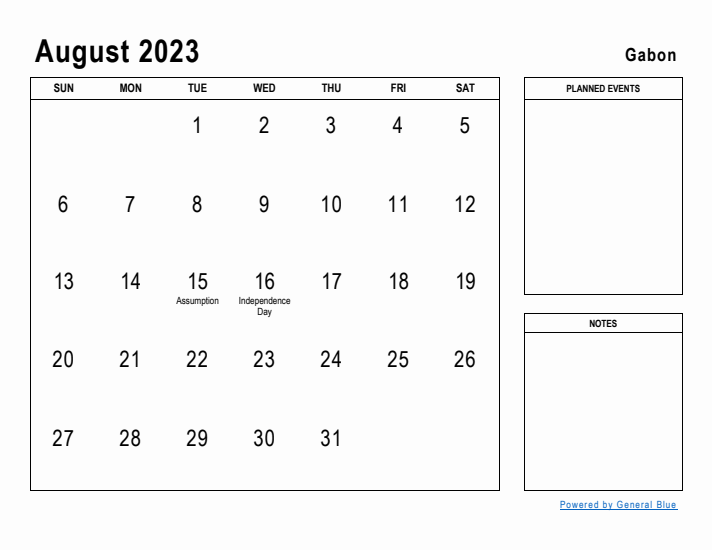 August 2023 Printable Monthly Calendar with Gabon Holidays