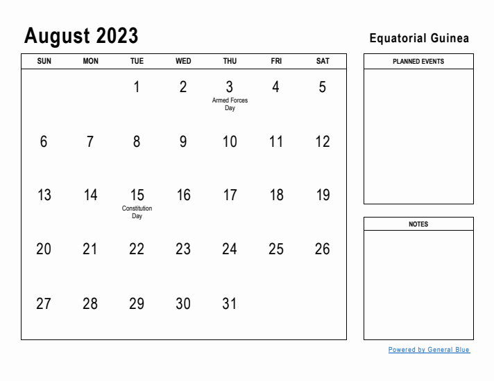 August 2023 Printable Monthly Calendar with Equatorial Guinea Holidays