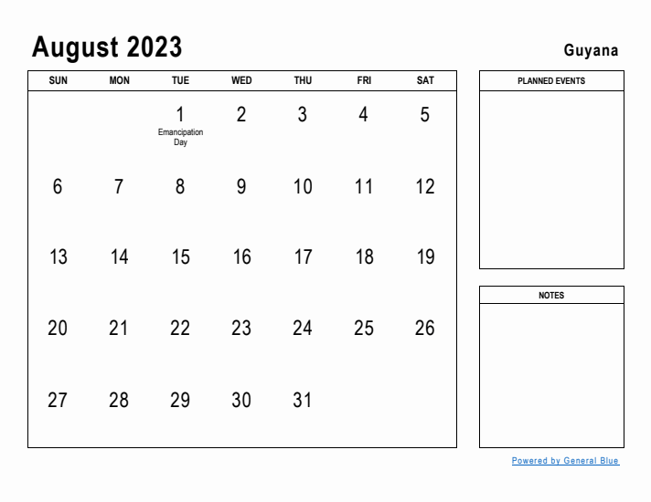 August 2023 Printable Monthly Calendar with Guyana Holidays