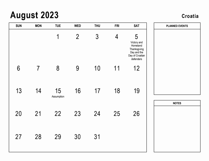 August 2023 Printable Monthly Calendar with Croatia Holidays