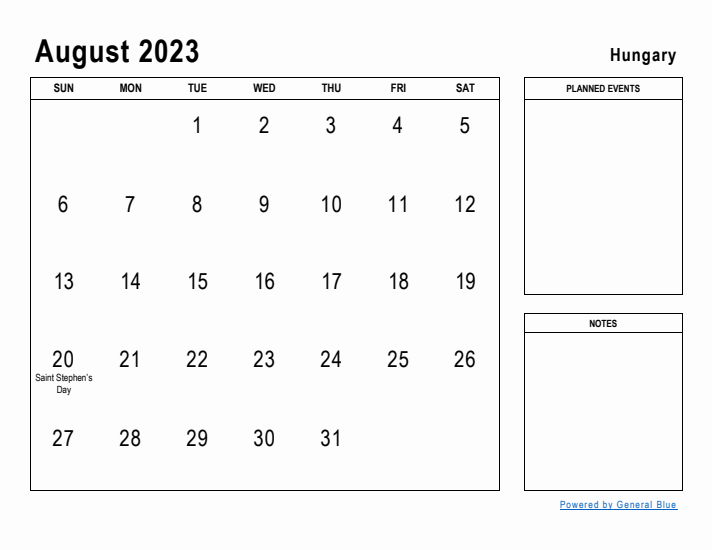 August 2023 Printable Monthly Calendar with Hungary Holidays