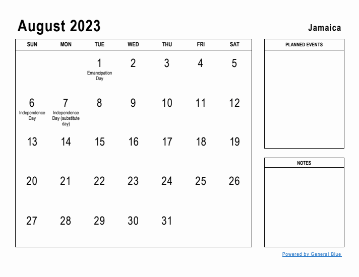 August 2023 Printable Monthly Calendar with Jamaica Holidays