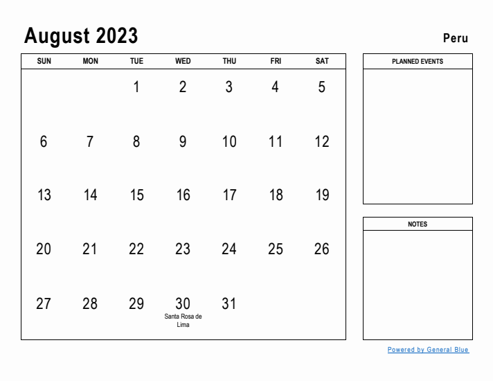 August 2023 Printable Monthly Calendar with Peru Holidays