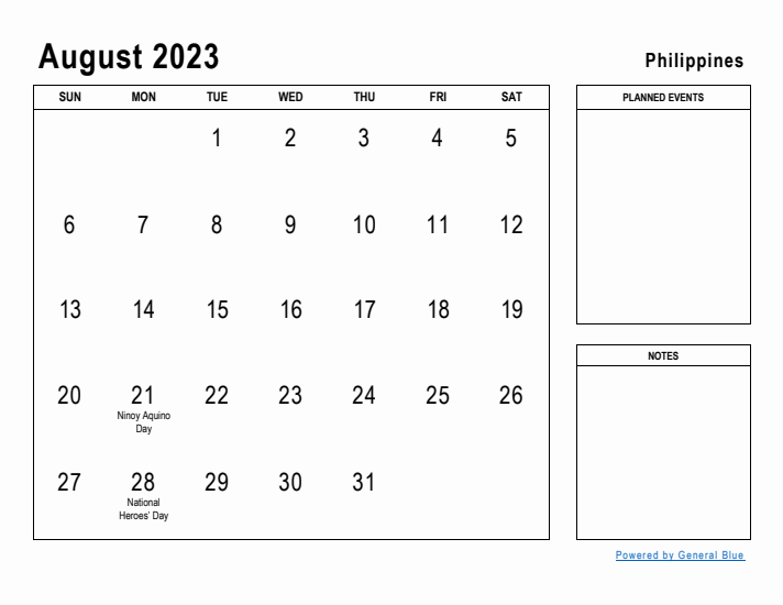 August 2023 Printable Monthly Calendar with Philippines Holidays