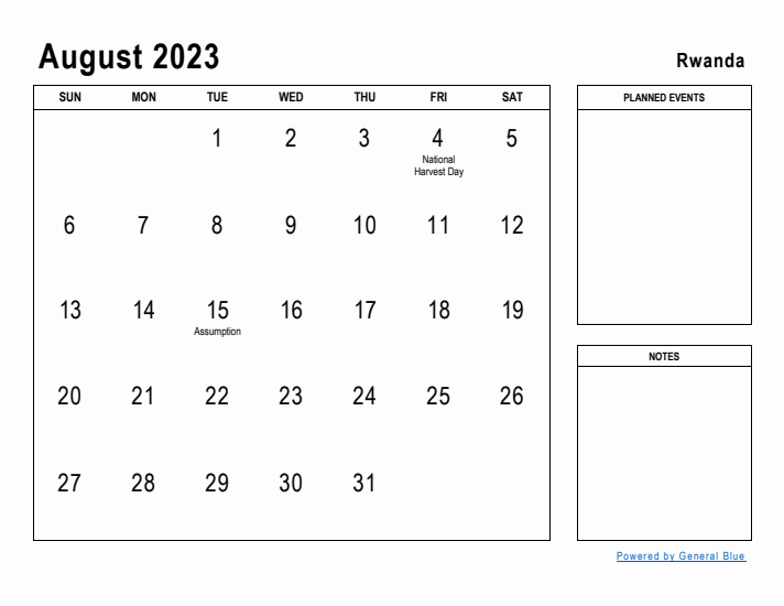 August 2023 Printable Monthly Calendar with Rwanda Holidays