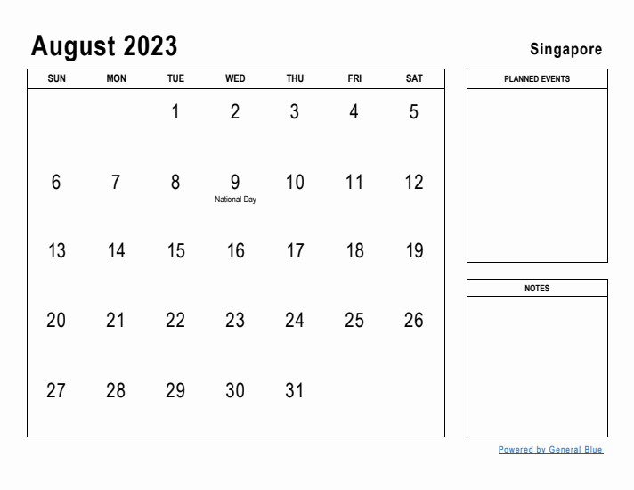 August 2023 Printable Monthly Calendar with Singapore Holidays