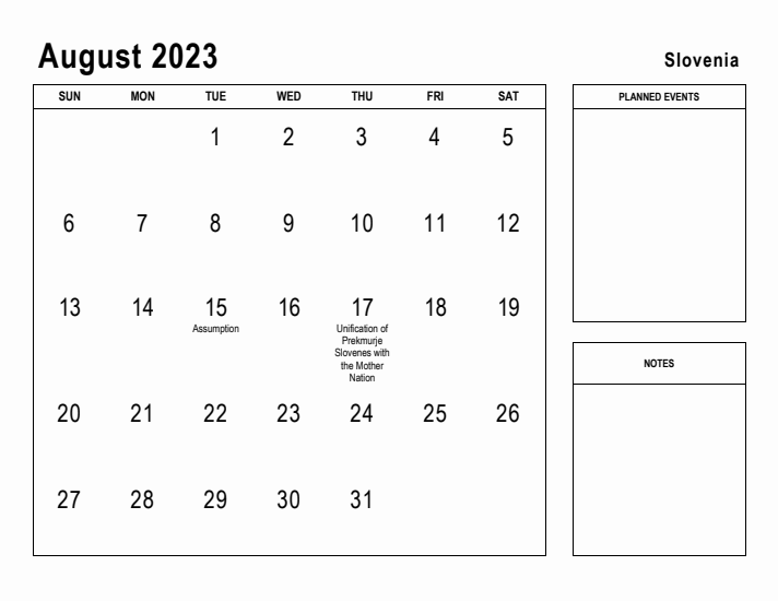 August 2023 Printable Monthly Calendar with Slovenia Holidays