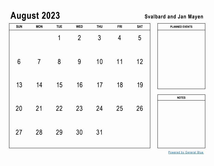 August 2023 Printable Monthly Calendar with Svalbard and Jan Mayen Holidays