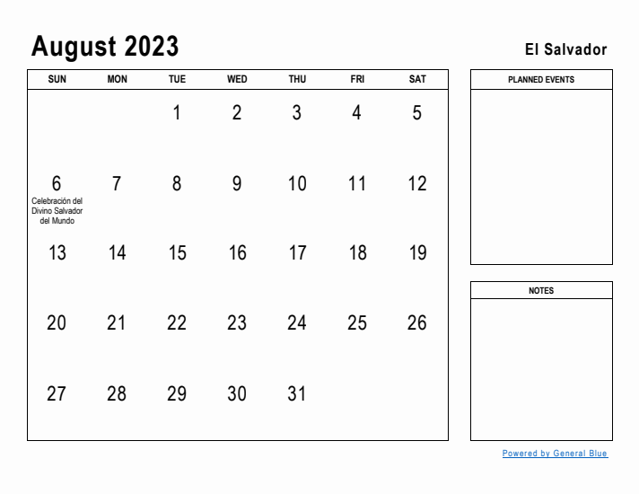 August 2023 Printable Monthly Calendar with El Salvador Holidays